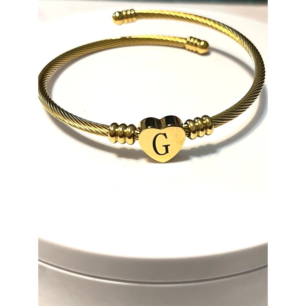 Gold Plated Heart Initial G Expandable Stainless Steel Cuff Bracelet